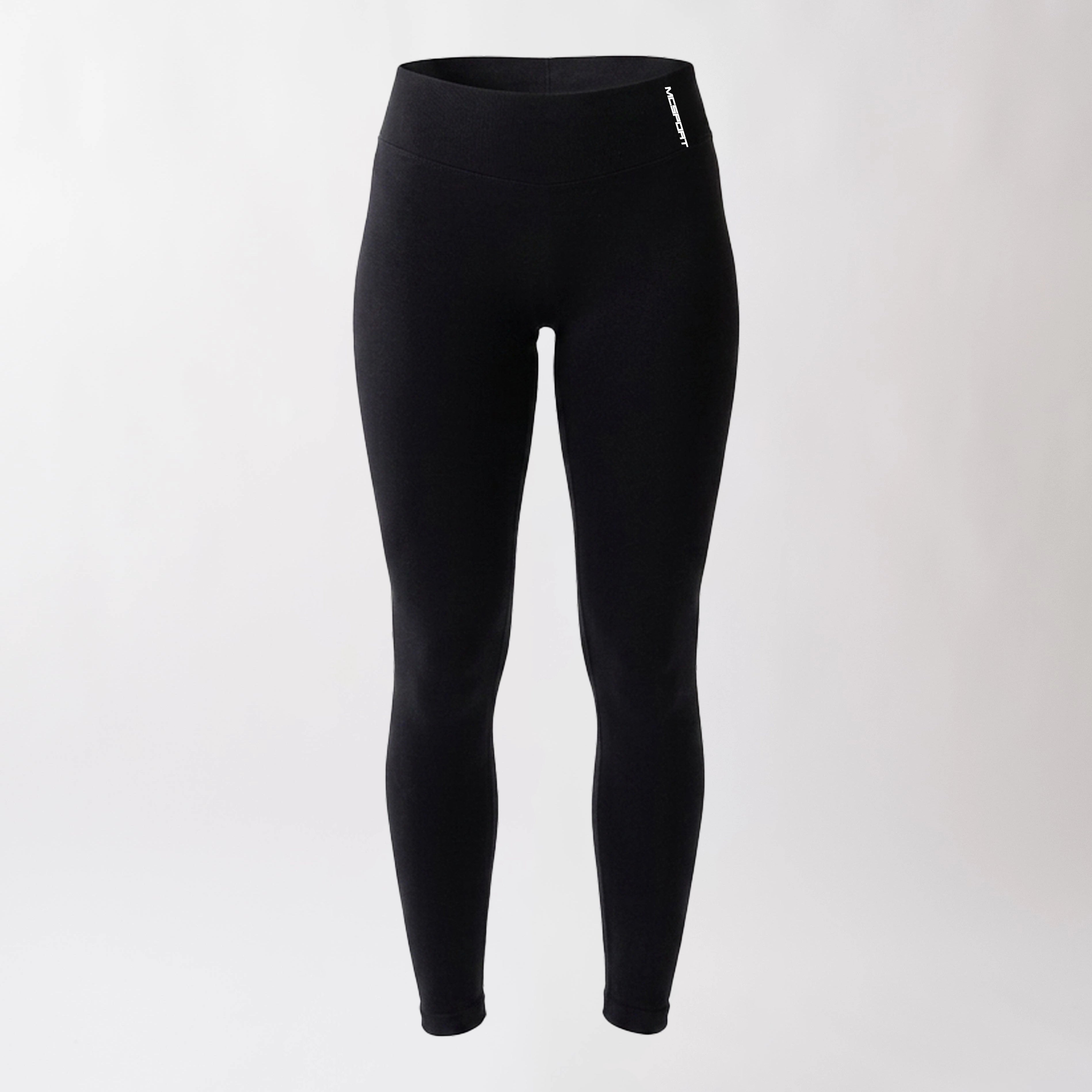 Leggings sportivi neri da donna con fascia alta in vita, morbidi ed elasticizzati. 