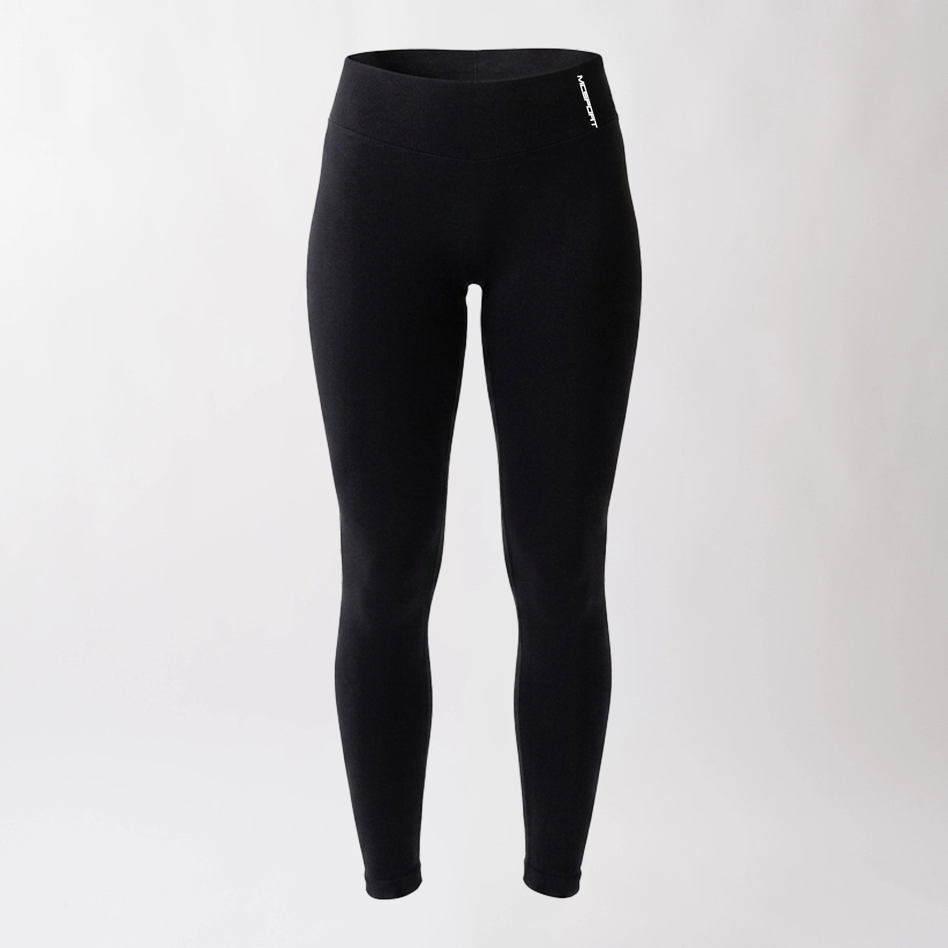 Leggings sportivi neri da donna con fascia alta in vita, morbidi ed elasticizzati. 