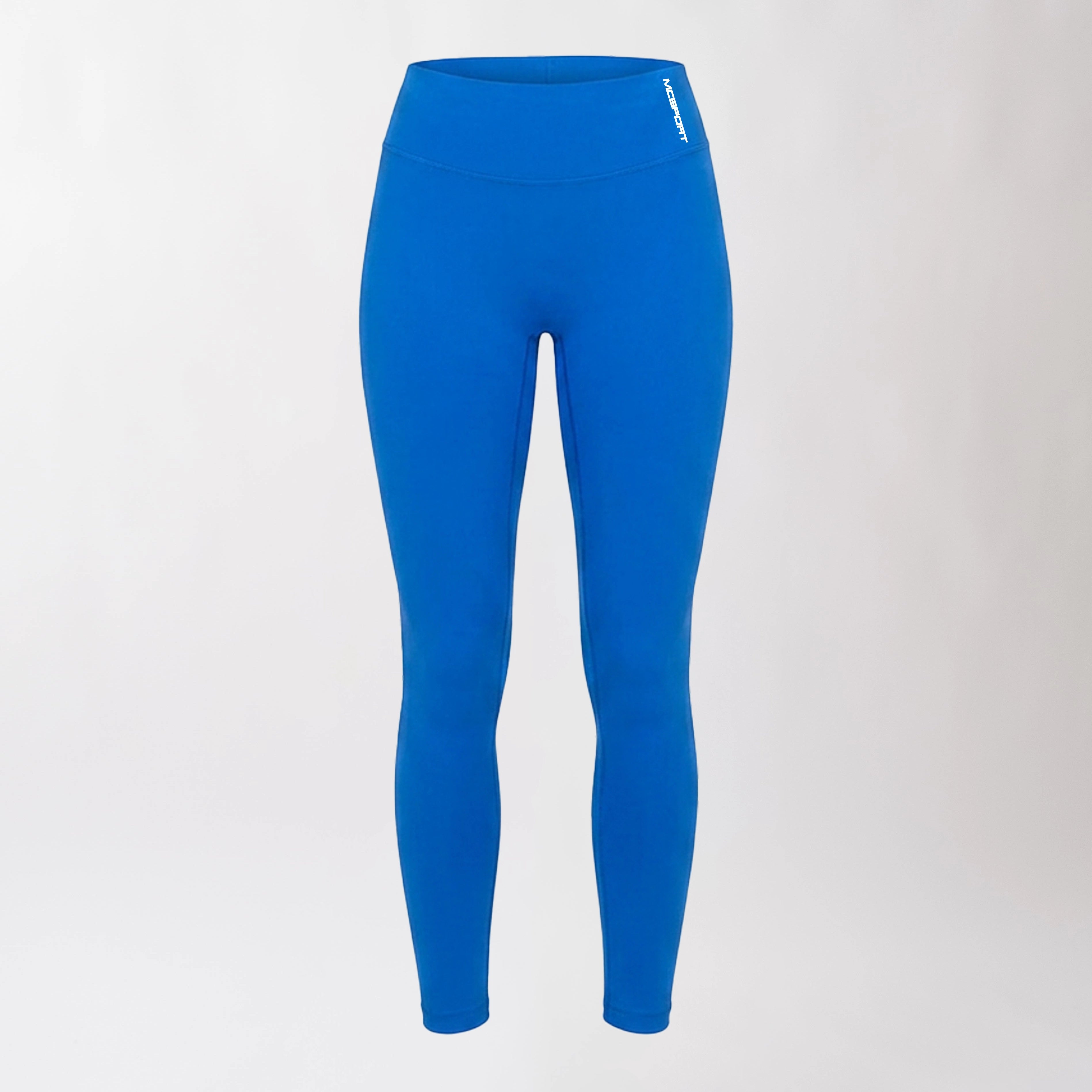 Leggings sportivi blu da donna con fascia alta in vita, morbidi ed elasticizzati.