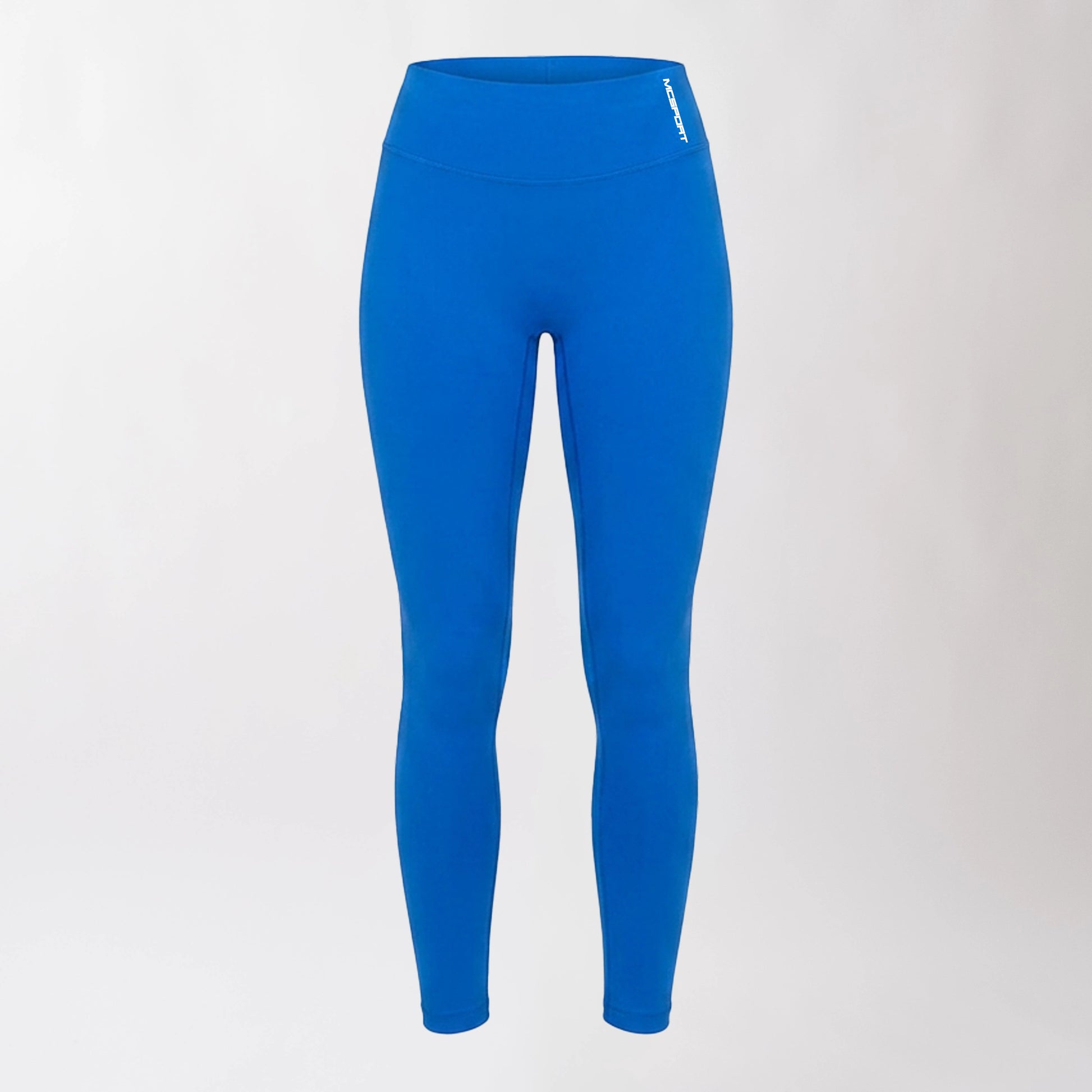 Leggings sportivi blu da donna con fascia alta in vita, morbidi ed elasticizzati.