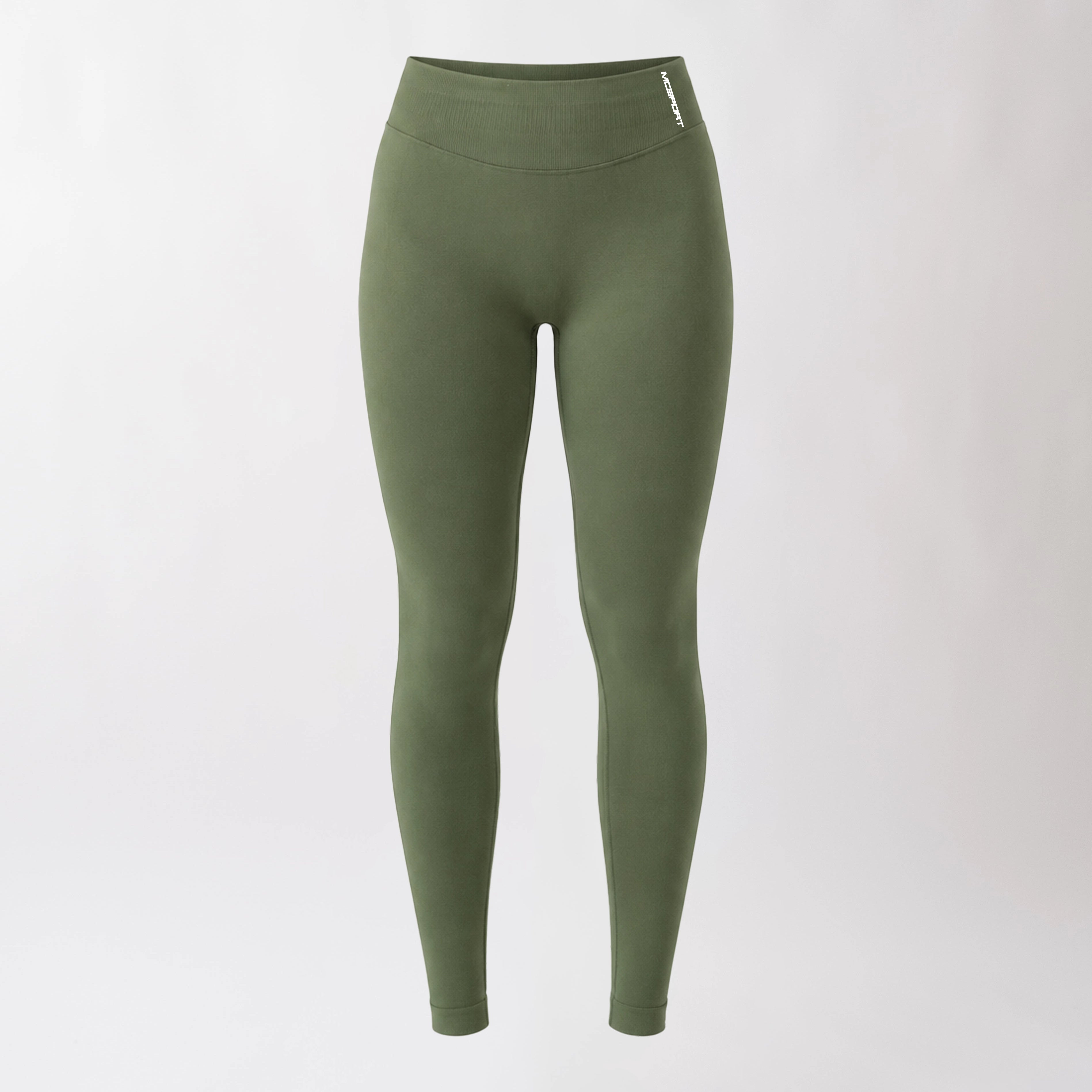 Leggings sportivi verde salvia da donna con fascia alta in vita, morbidi ed elasticizzati.