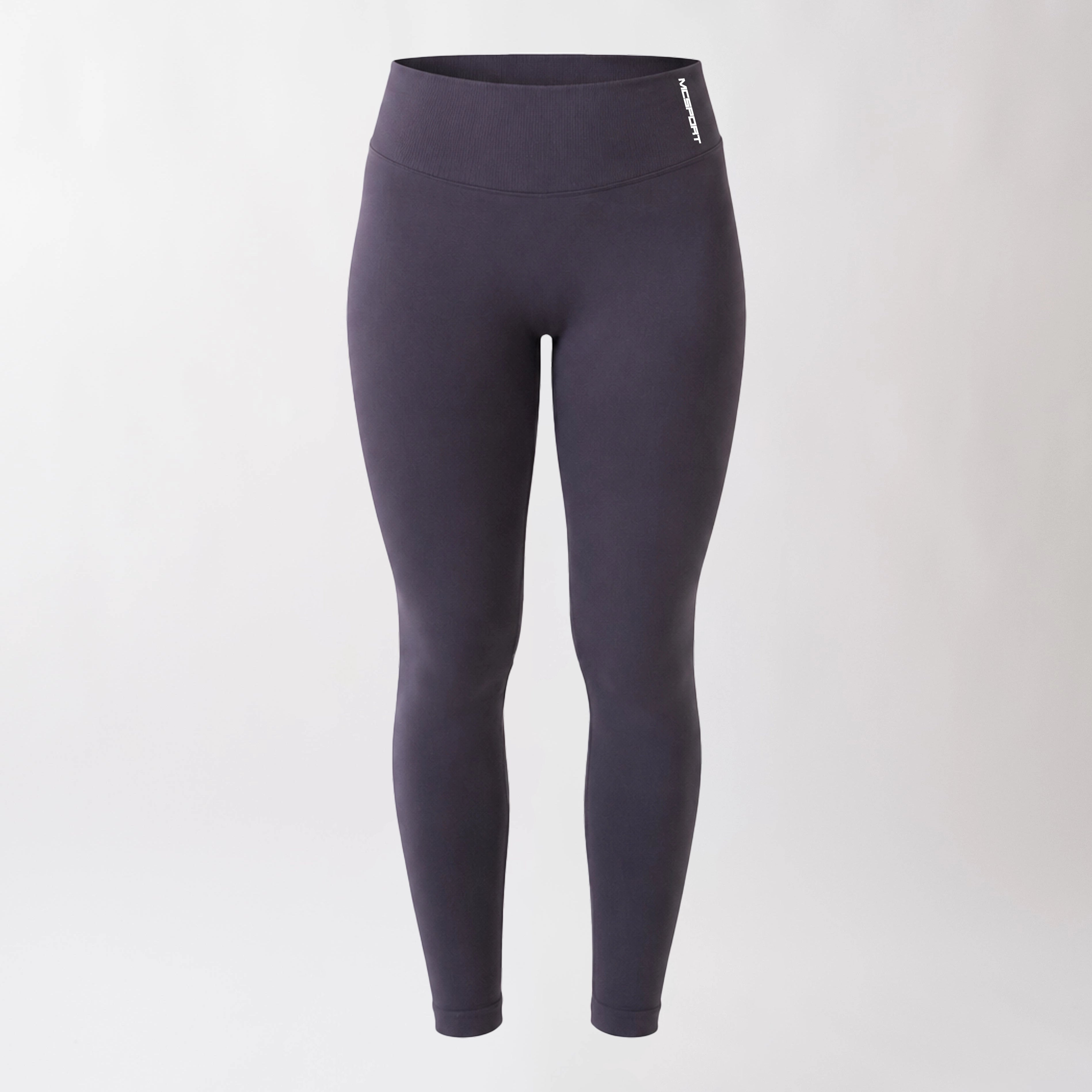 Leggings sportivi grigi da donna con fascia alta in vita, morbidi ed elasticizzati.