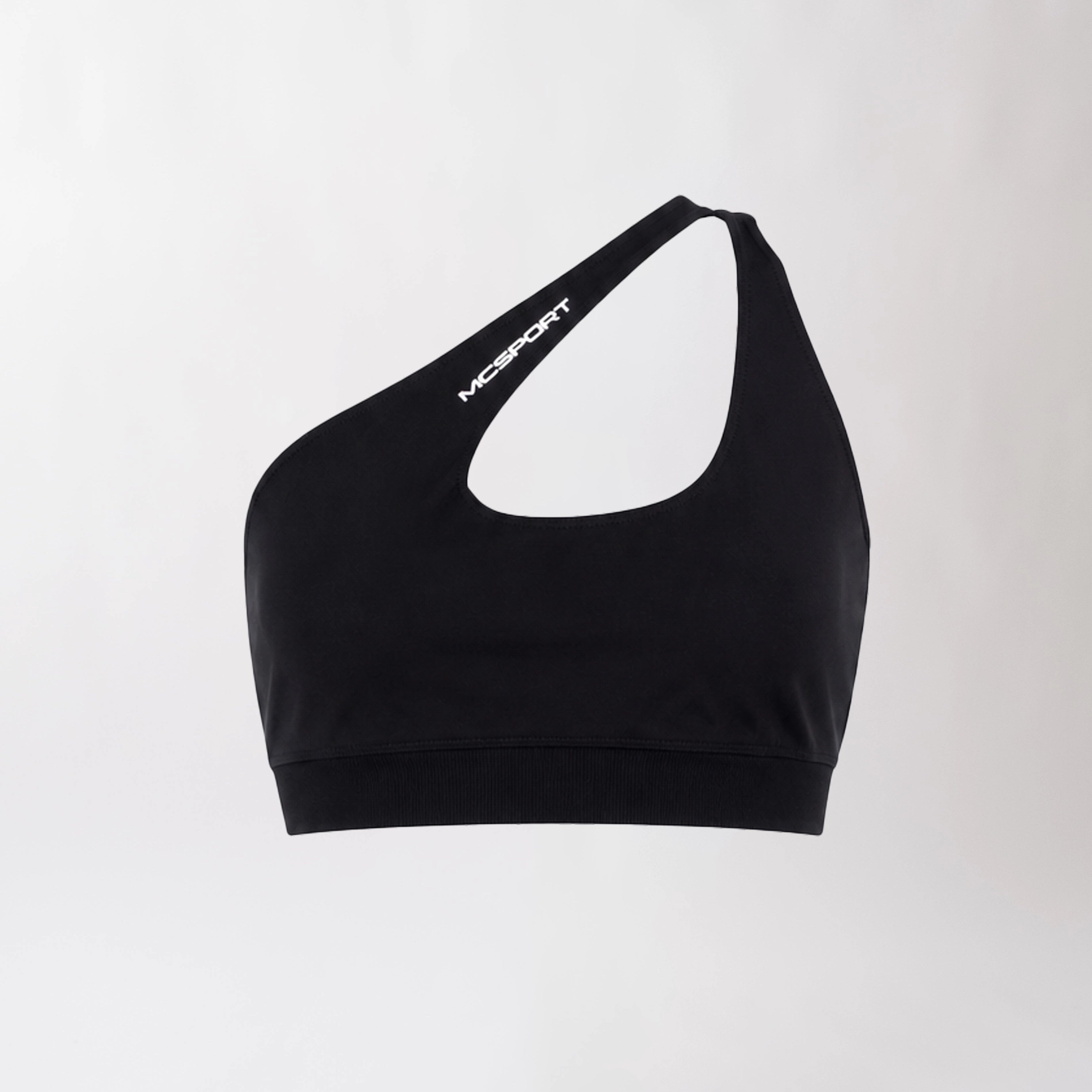 Top sportivo monospalla nero da donna dal design moderno ed essenziale, con supporto confortevole e tessuto elasticizzato. 
