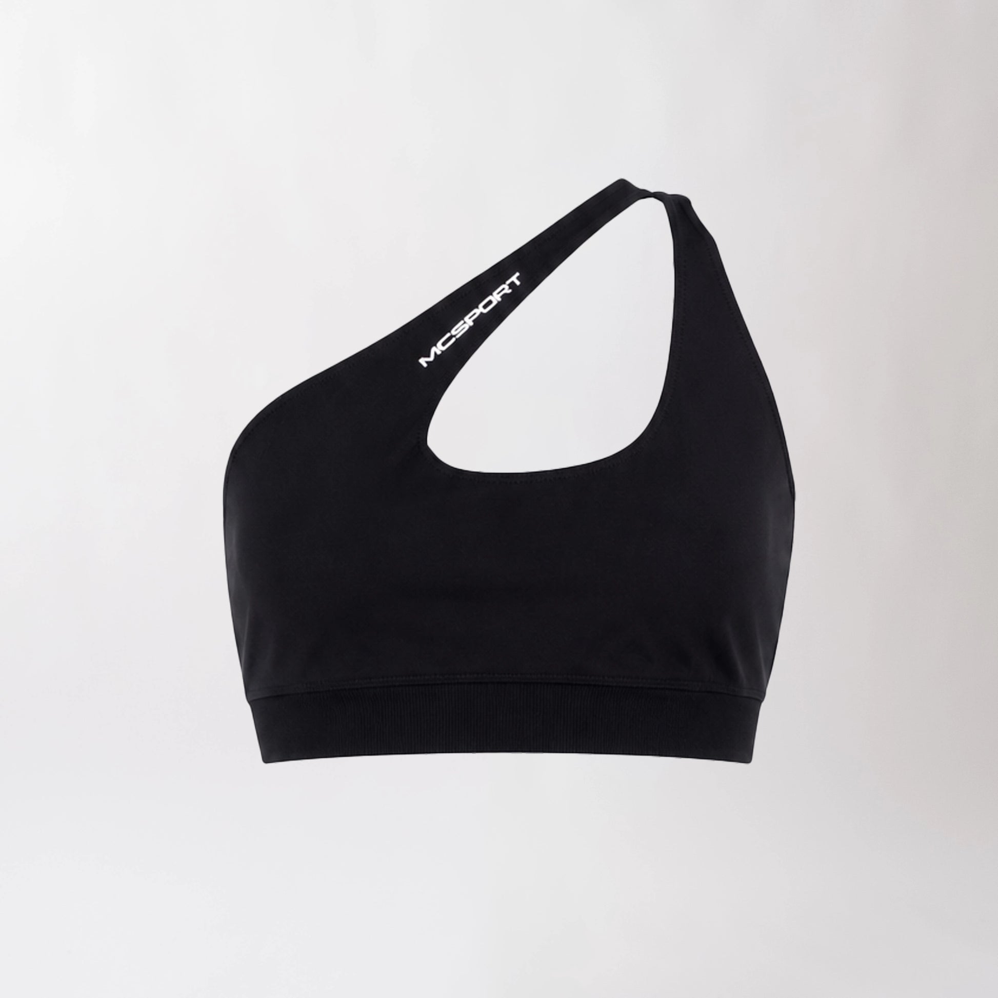 Top sportivo monospalla nero da donna dal design moderno ed essenziale, con supporto confortevole e tessuto elasticizzato. 