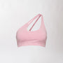Top sportivo monospalla rosa da donna dal design moderno ed essenziale, con supporto confortevole e tessuto elasticizzato. Ideale per fitness, yoga, pilates e allenamenti.
