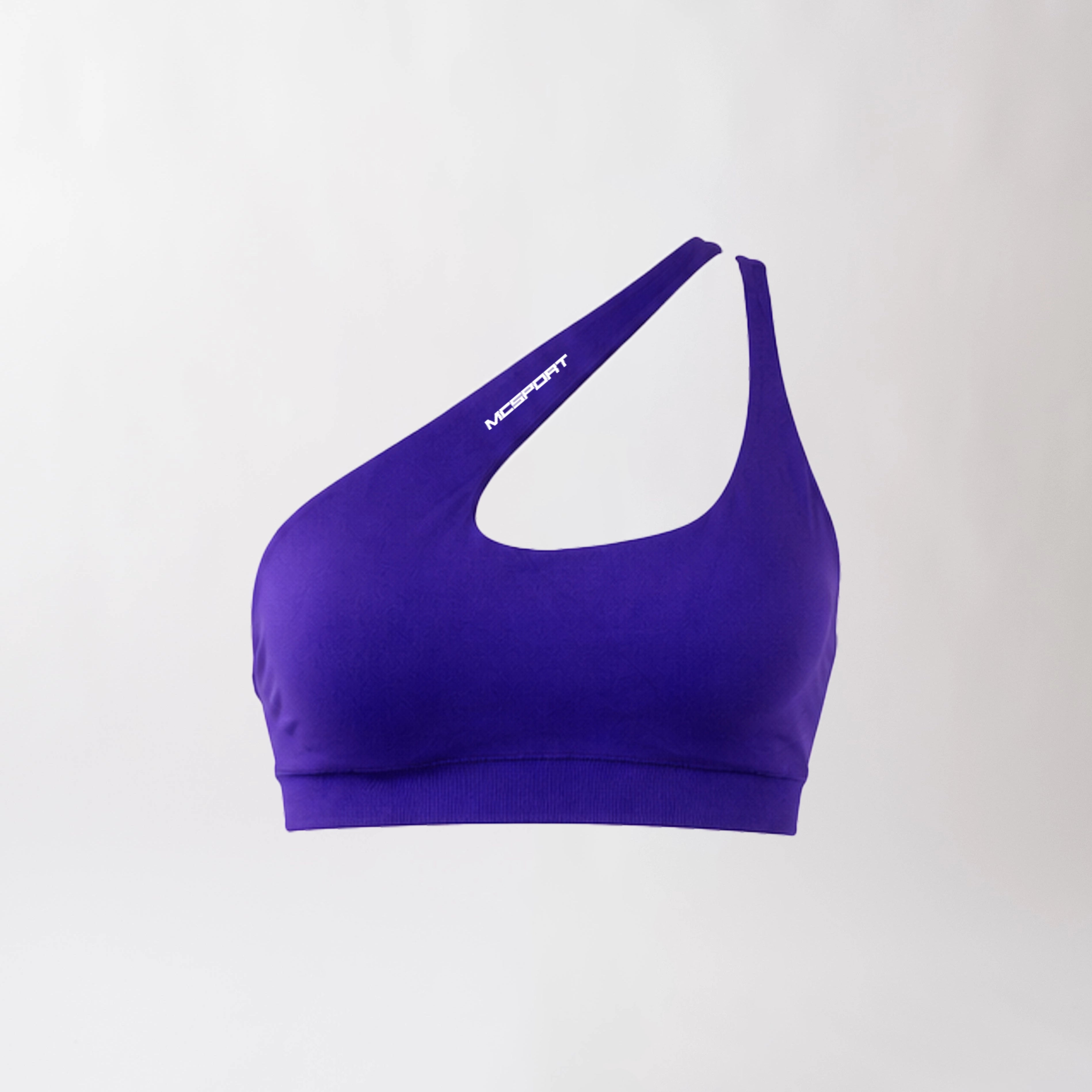 Top sportivo monospalla viola da donna dal design moderno ed essenziale, con supporto confortevole e tessuto elasticizzato. 