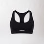 Top sportivo nero da donna con schiena olimpionica: tessuto elasticizzato, supporto confortevole e libertà di movimento per fitness, yoga, pilates e allenamenti.