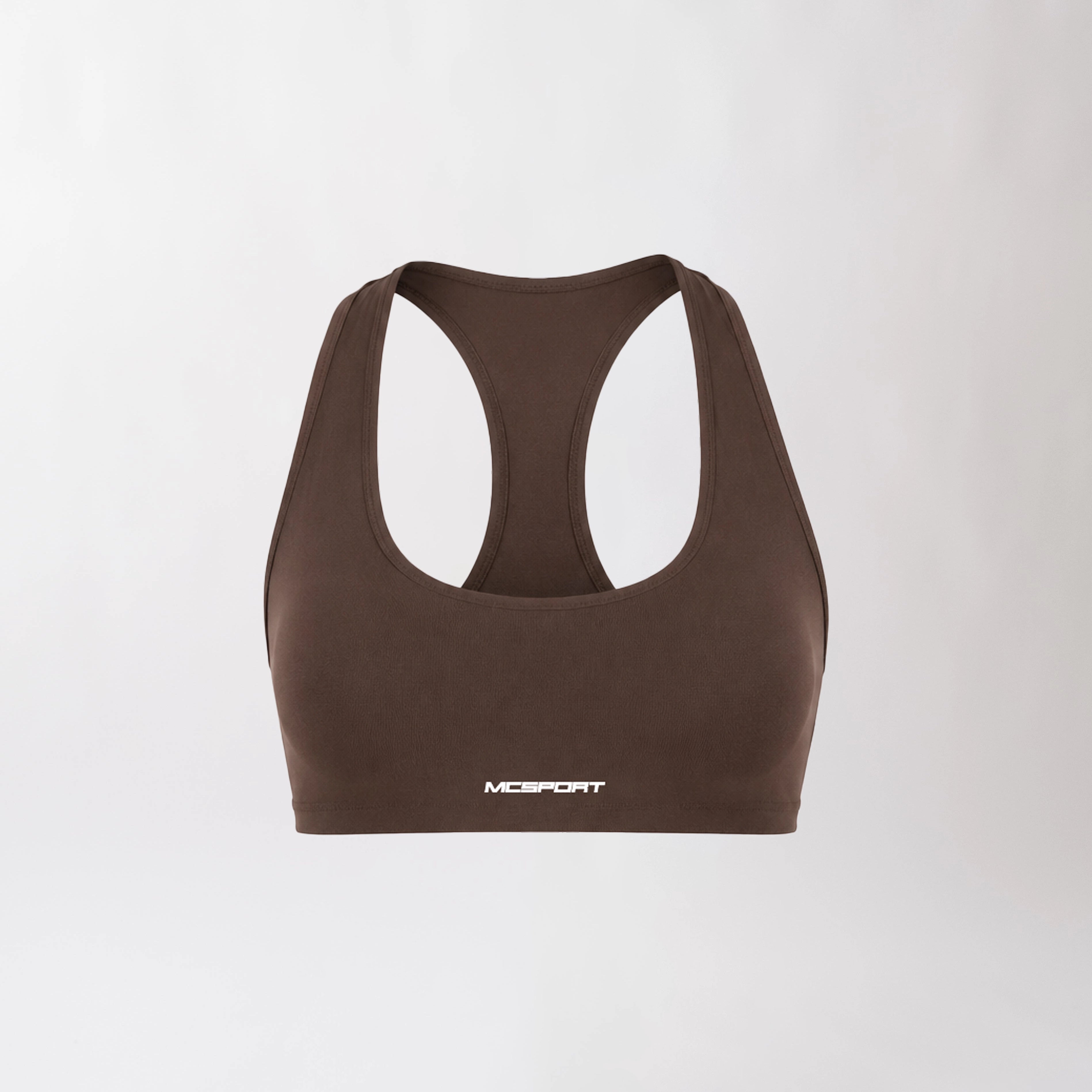 Top sportivo marrone da donna con schiena olimpionica: tessuto elasticizzato, supporto confortevole e libertà di movimento per fitness, yoga, pilates e allenamenti.