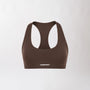 Top sportivo marrone da donna con schiena olimpionica: tessuto elasticizzato, supporto confortevole e libertà di movimento per fitness, yoga, pilates e allenamenti.