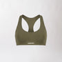 Top sportivo verde da donna con schiena olimpionica: tessuto elasticizzato, supporto confortevole e libertà di movimento per fitness, yoga, pilates e allenamenti.